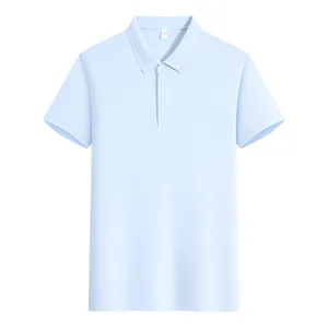 Light blue cotton polo shirt front detail, breathable fabric texture and classic collar.