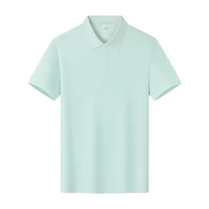 Close-up detail of light green cotton men polo shirt collar and button placket design.