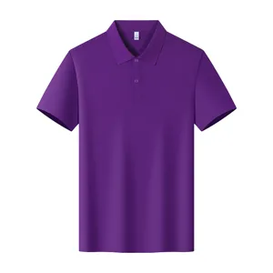 Men solid purple short sleeve polo shirt detail view, classic lapel button design.