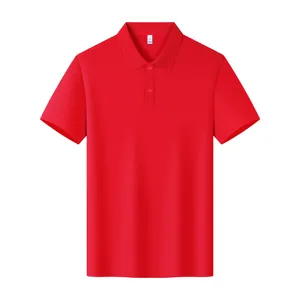 Detailed view of the red cotton short sleeve polo shirt collar and placket construction.