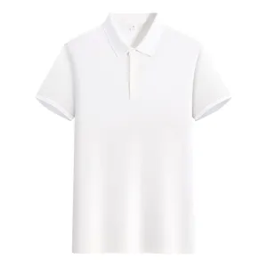 White cotton men polo shirt detail view, classic collar with three buttons, short sleeves.