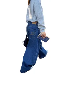 Washed dark blue wide leg denim jeans for men, loose fit straight drape casual trousers.