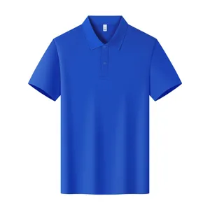 Men's solid royal blue cotton short sleeve polo shirt detail view showing collar and buttons.