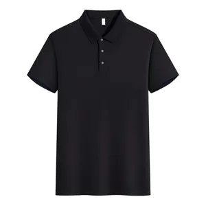 Men's classic solid black short sleeve cotton polo shirt detail showcasing the lapel buttons.