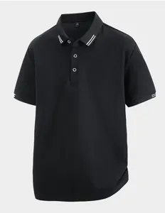 Black short sleeve polo shirt detail featuring contrast white stripe collar and button placket.
