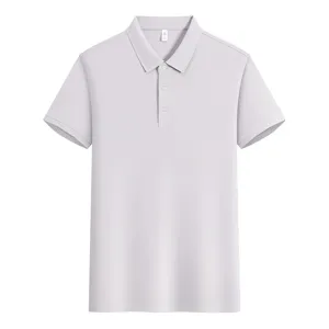 Detailed view of a light grey men's short sleeve polo shirt, classic lapel and button placket.