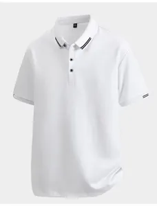White short sleeve polo shirt detail showing collar trim and button placket design.
