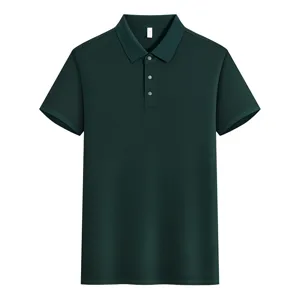 Dark green cotton polo shirt detail, classic lapel collar, three-button placket design.