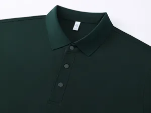Close-up detail view of dark green men polo shirt collar and button placket design