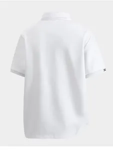 Detailed back view of a classic white polo shirt, showing short sleeves and cuffs.
