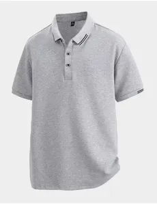 Close-up detail of grey short sleeve polo shirt collar, featuring stylish double stripe trims.