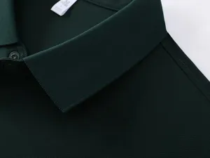 Classic dark green cotton men polo shirt collar detail view, premium breathable fabric style.
