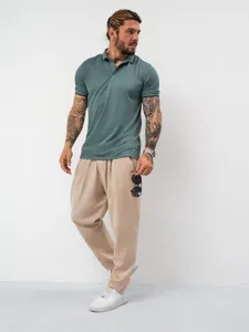 Summer mens casual breathable short sleeve polo shirt with contrast ribbed cuffs for sports.