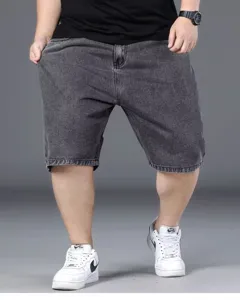 Plus size men casual denim shorts detail, dark gray loose fit short pants for summer.