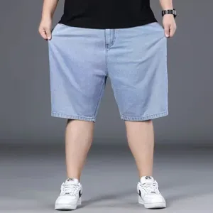 Plus size light blue denim shorts for men, loose fit casual straight leg summer wear.