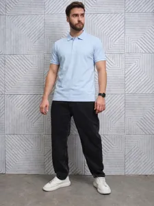 Men's light blue cotton short-sleeve polo shirt casual classic solid color top for daily wear