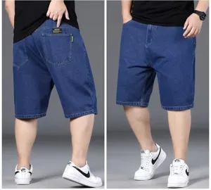 Men's plus size loose straight fit denim shorts, casual washed blue jean shorts detail view.