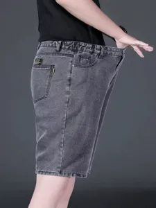 Men casual loose denim shorts straight fit stretch waistband dark grey summer streetwear style