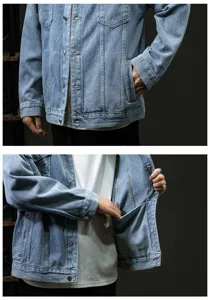 Herren vintage waschung jeansjacke detailansicht, lose freizeit arbeitskleidung taschen.