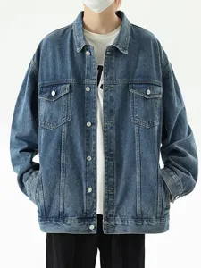 Herren Vintage Waschung Denim Jacke lose Passform Freizeit Streetwear Mantel mit Taschen.