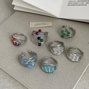 Koreaanse stijl trendy meerkleurige natuursteen omwikkelde open ringen voor dames