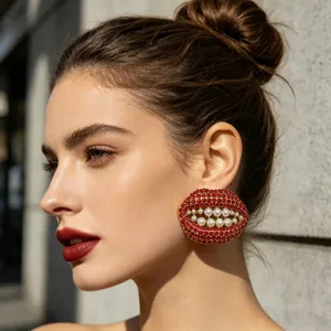 Overdreven rode strass parel lip oorbellen, trendy avant-garde geometrische sieraden.