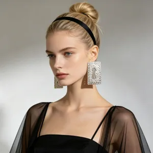 European vintage metal square hollow keyhole statement earrings for women, chunky drop design.