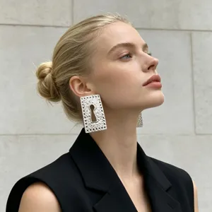 Vintage metal square hollow keyhole statement earrings detailed closeup view for women.