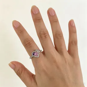 Detail view of Y2K sweet cool colorful micro pavé zircon heart ring, adjustable gold plated.