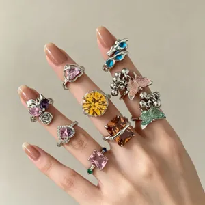 Y2K sweet and cool colorful micro-pavé zircon stacked rings, featuring butterfly and heart design.