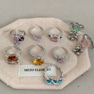 Y2K colorful zircon stacked rings, niche design butterfly heart gold plated open rings.
