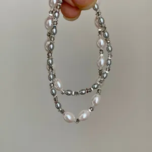 Pulsera de perlas de doble capa gris plateado cuentas elegante joyería diseño diario