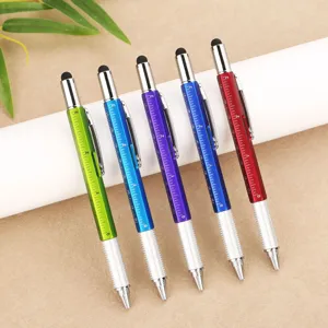 Multifunktionaler 6-in-1 Werkzeugkugelschreiber mit Skalenlineal und Eingabestift.