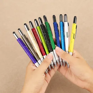 6-in-1 Multifunktionsstift mit Wasserwaage, Lineal, Touchpen und Schraubendreher Details.