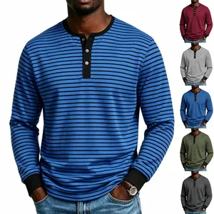 Maglietta Henley da uomo casual a maniche lunghe rigata con colletto a contrasto per ogni giorno.