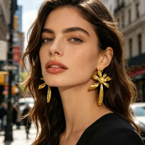 Overdreven gouden metalen bloem oorbellen voor vrouwen, elegante lange statement sieraden.