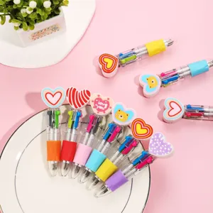 Cute multi-color ballpoint pens with heart toppers, student creative mini push stationery pens.