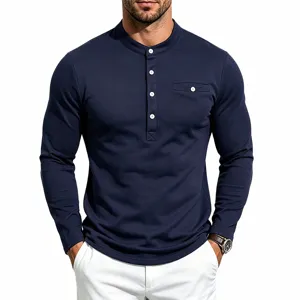 Heren Heavyweight Lange Mouw Opstaande Kraag Henley Shirt Retro High Street Losse Casual T-Shirt Met Borstzak Effen Kleur Top