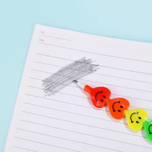 Cute smiley heart multi-point pencil detail view, creative stationery for school students.
