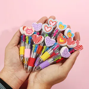 Cute 4-color multi-colored ballpoint pens with cartoon heart and bear toppers for students.
