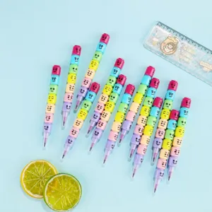 Stackable rainbow crayons with cute smiley faces, creative multi-section colorful pen set for kids.