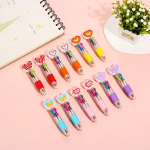 Cute Korean style multi-color ballpoint pens with heart decor, mini press design for students.