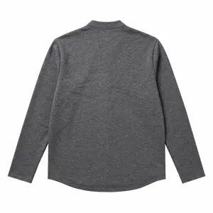 Donkergrijs shirt met lange mouwen en opstaande kraag achterkant detail, vintage stijl.