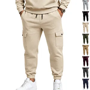 Pantalon Cargo en Polaire Épaisse pour Hommes Décontracté Multi-poches Jogging Chaud d'Hiver Pantalon de Sport Couleur Unie avec Cordon