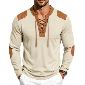Men's waffle knit long sleeve henley shirt with brown patch details and vintage lace-up design.