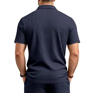 Polo à manches courtes texturé en jacquard lourd pour homme, ensemble haut et short d'été.
