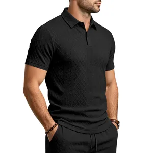 Homme ete decontracté polo manches courtes texture jacquard noir et short ensemble