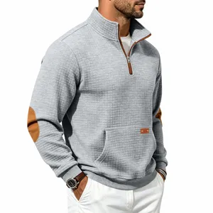 Mens Half Zip Waffle Knit Sweater Casual Stand Collar Pullover With Patch Pockets