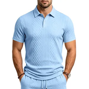 Ensemble polo homme bleu clair jacquard manches courtes et short casual d ete chic
