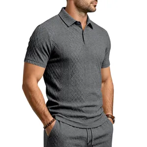 Homme Été Jacquard Texturé Manches Courtes Polo Shirt Décontracté Assortis Shorts Gris